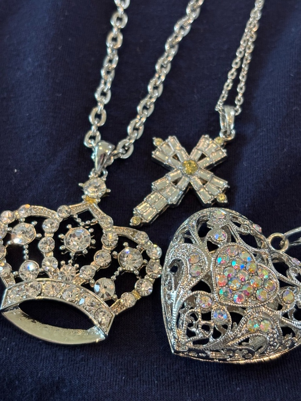 3pc Jewelry Lot ✨ Silver Rhinestone Tiara Crown, Puffy Heart & Cross Necklaces